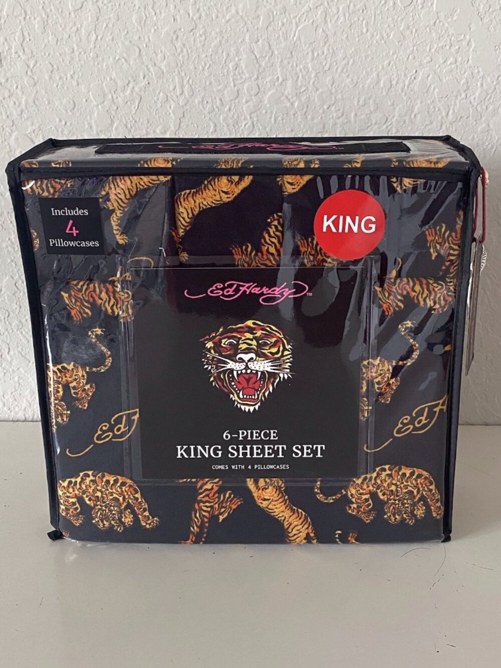 6 PC Ed Hardy KING SIZE Sheet Set Black With Tigers Tiger And Logo NEW